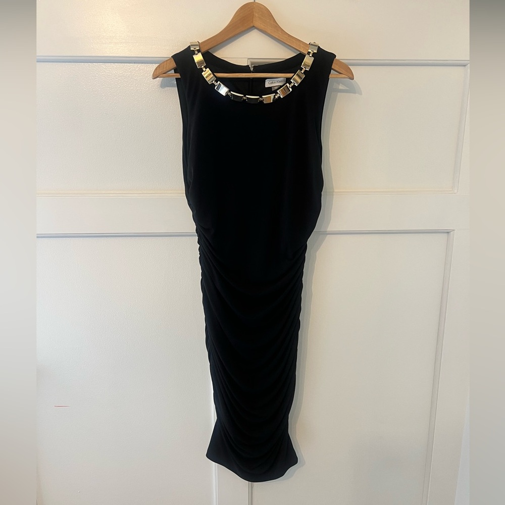 Calvin Klein Black Sleeveless Midi Dress with Gold Accent Neckline